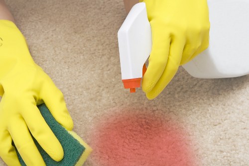 Professional cleaner sanitizing kitchen cabinets